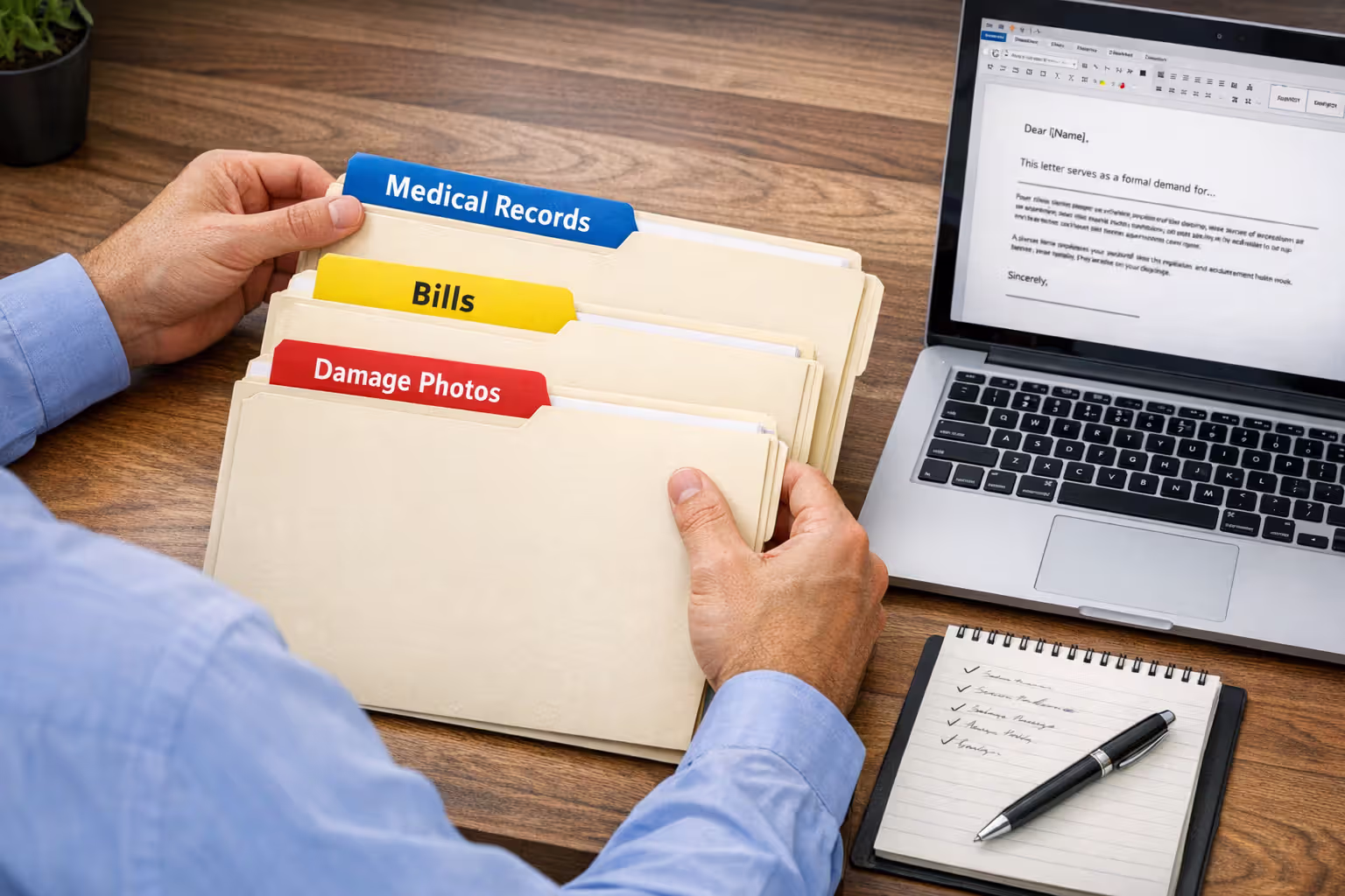 Person organizing motorcycle accident claim documents into labeled folders with demand letter on laptop screen