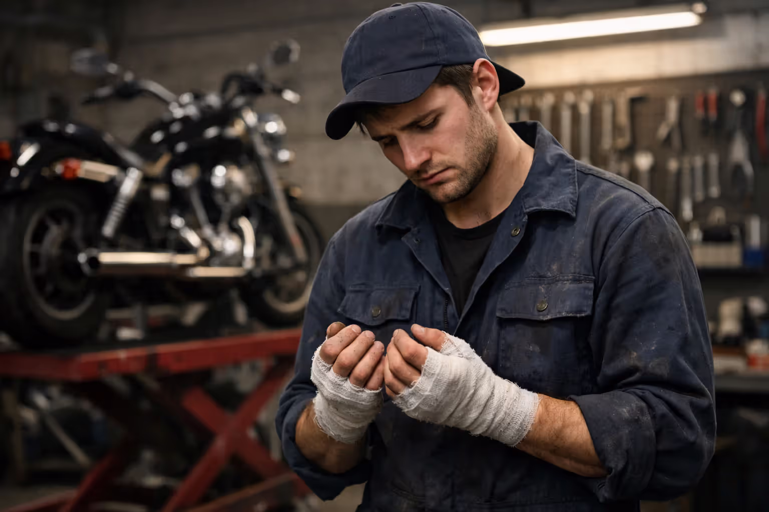 Young motorcycle mechanic in garage looking at bandaged hands with motorcycle on lift and tools in background representing lost earning capacity