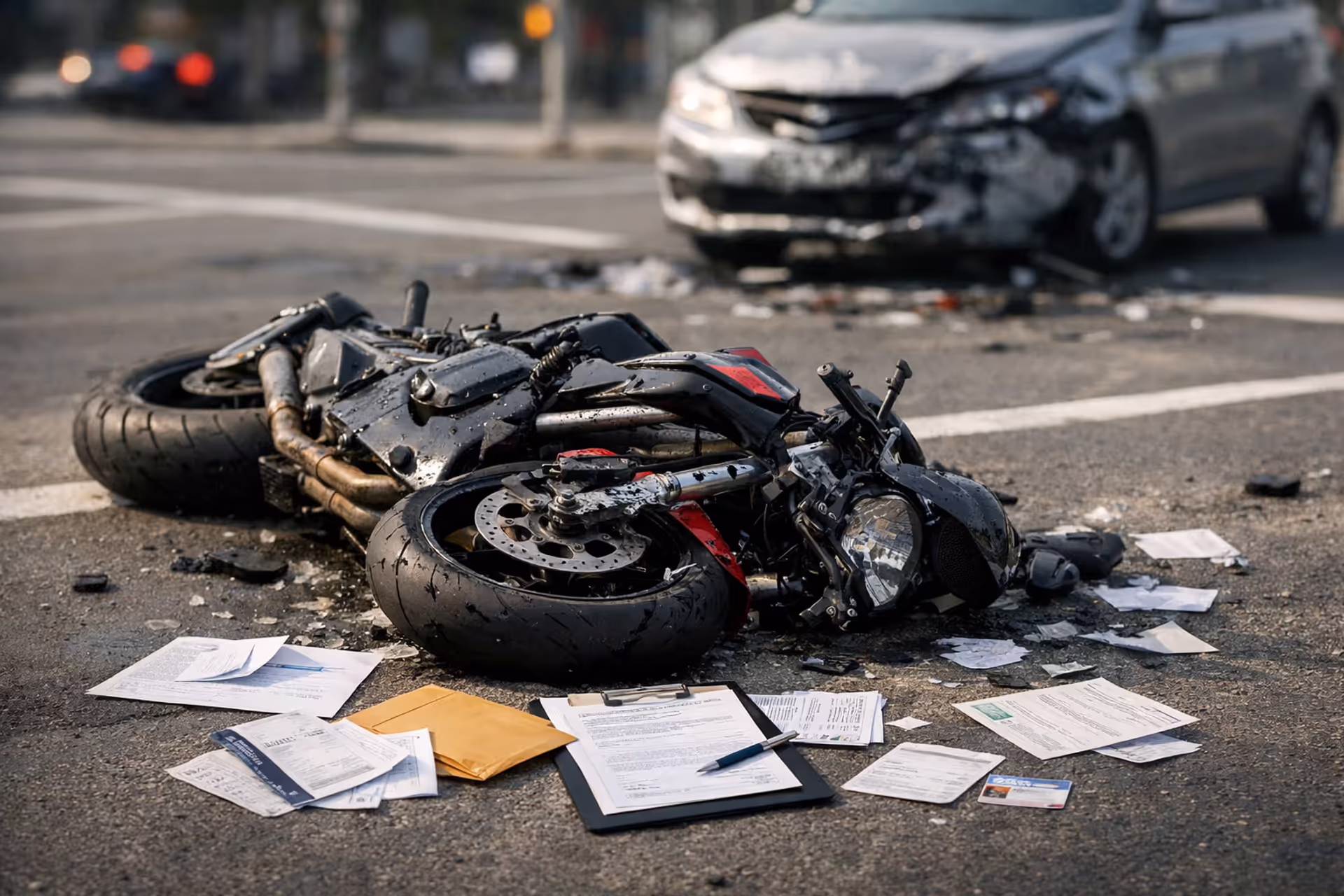 Damaged motorcycle lying on asphalt at intersection with scattered insurance documents and a car with dented bumper in the background
