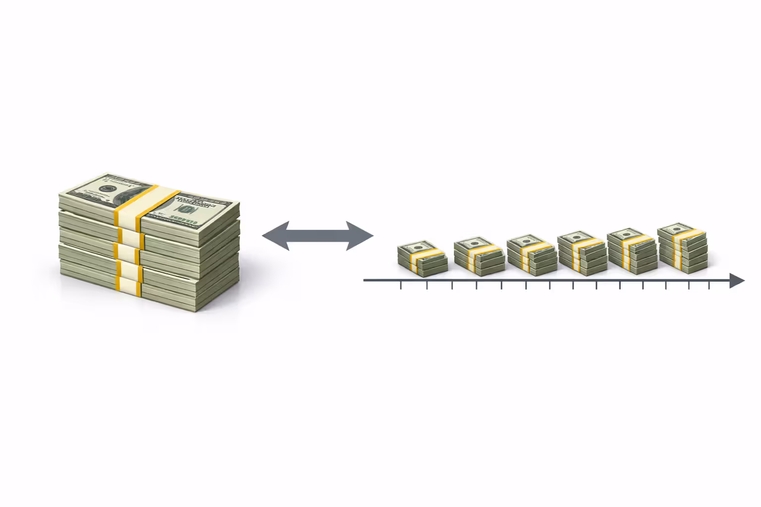 Visual comparison of lump sum payment as one large stack of money versus structured settlement as multiple smaller equal stacks arranged along a timeline with a two-way arrow between them