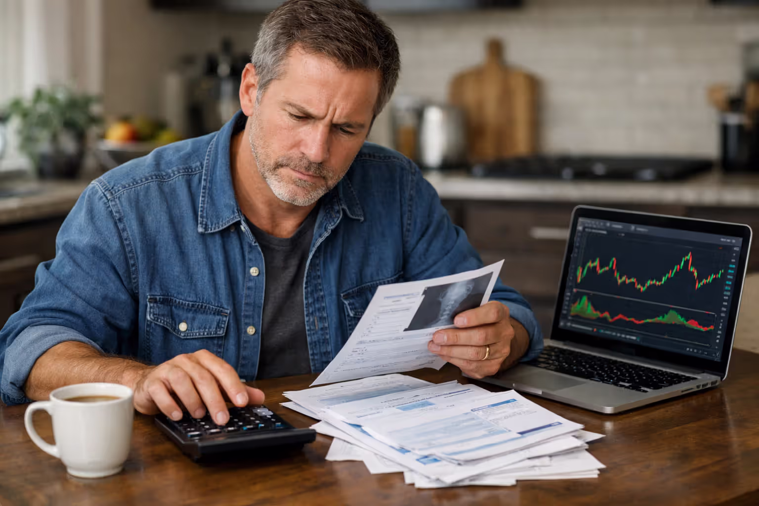 Middle-aged man sitting at a kitchen table with a calculator, stack of medical bills, laptop showing financial charts, and a cup of coffee, looking focused and concerned