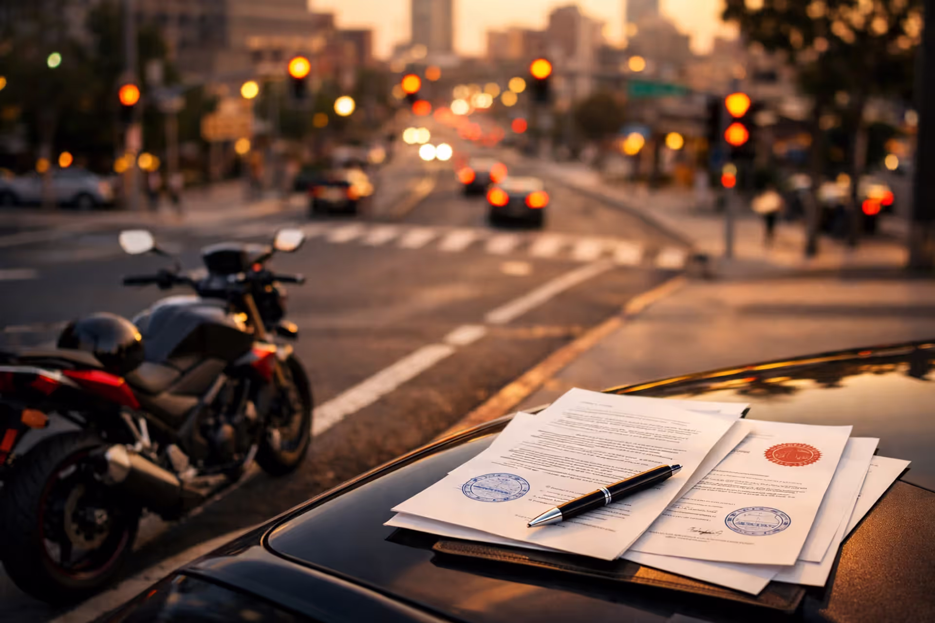 Motorcycle parked at a city intersection with legal settlement documents and a pen on a nearby surface, warm evening light, urban background