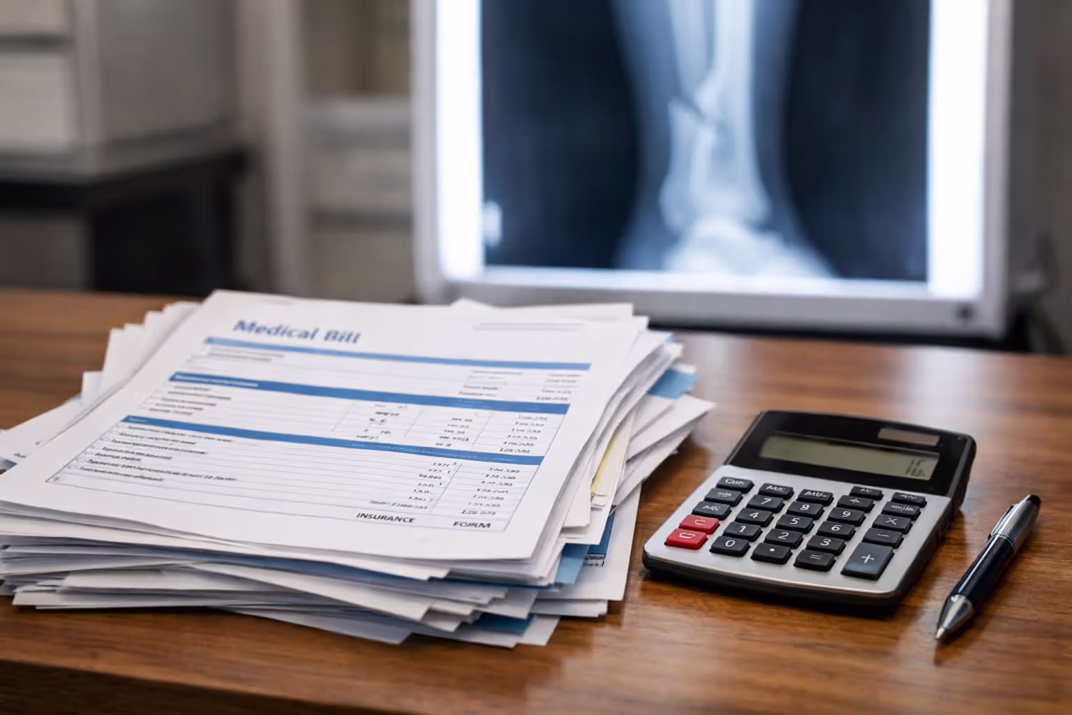 Stack of medical bills and hospital documents on desk with calculator and X-ray of broken leg bone on light screen in background