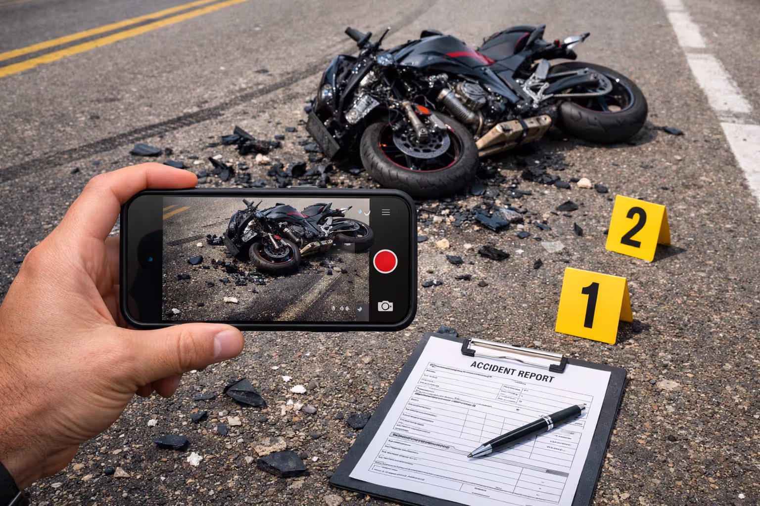 Hand holding smartphone photographing damaged motorcycle and accident evidence markers on road