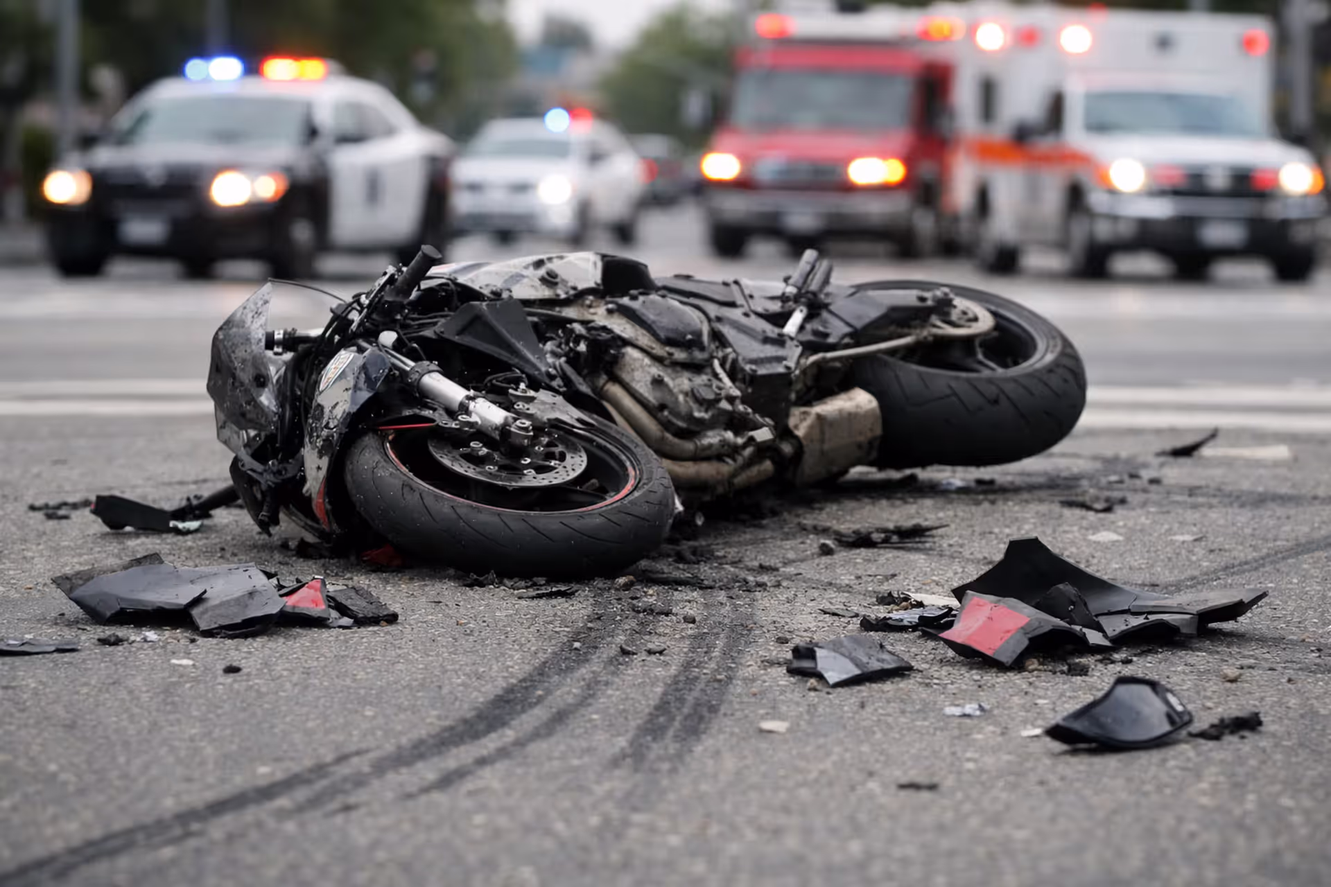 Crashed motorcycle lying on asphalt at urban intersection with emergency vehicle lights in background