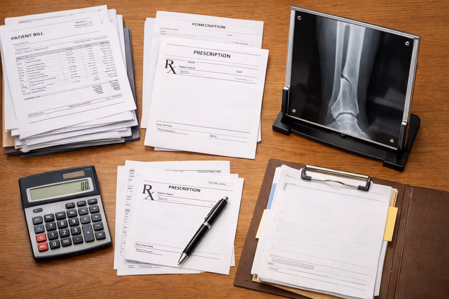 Medical bills, prescription forms, calculator, and an X-ray image spread on a desk