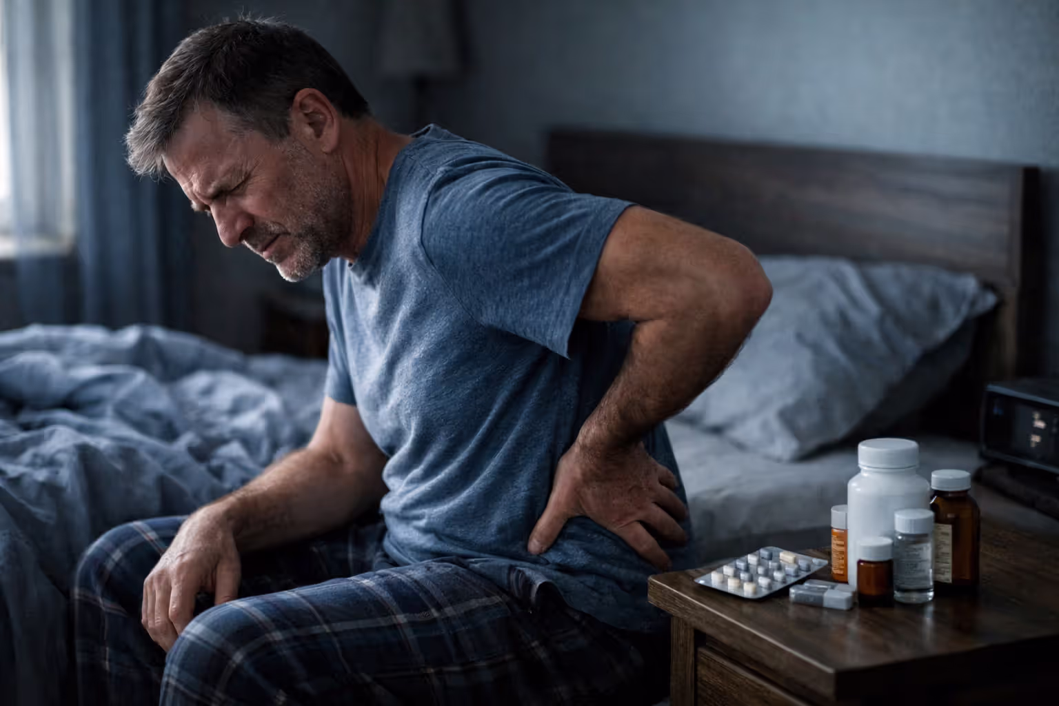 Middle-aged man sitting on bed edge in dim bedroom holding his lower back in pain with medication bottles on nightstand