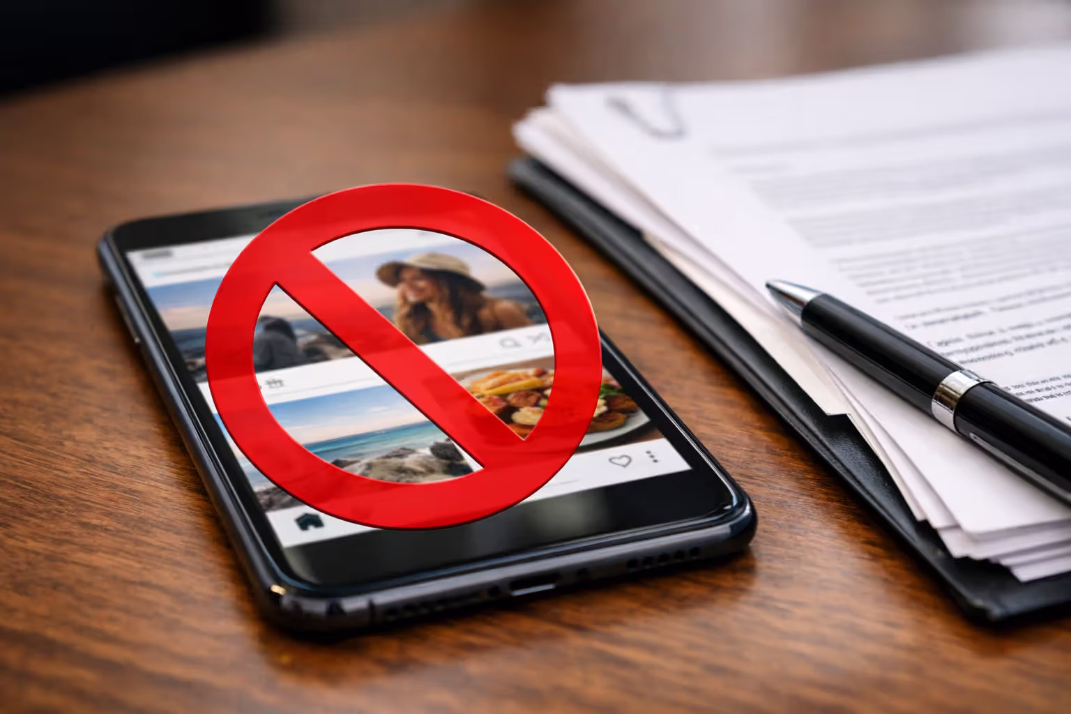 Smartphone showing social media feed with a red prohibition sign overlay next to legal documents on a desk