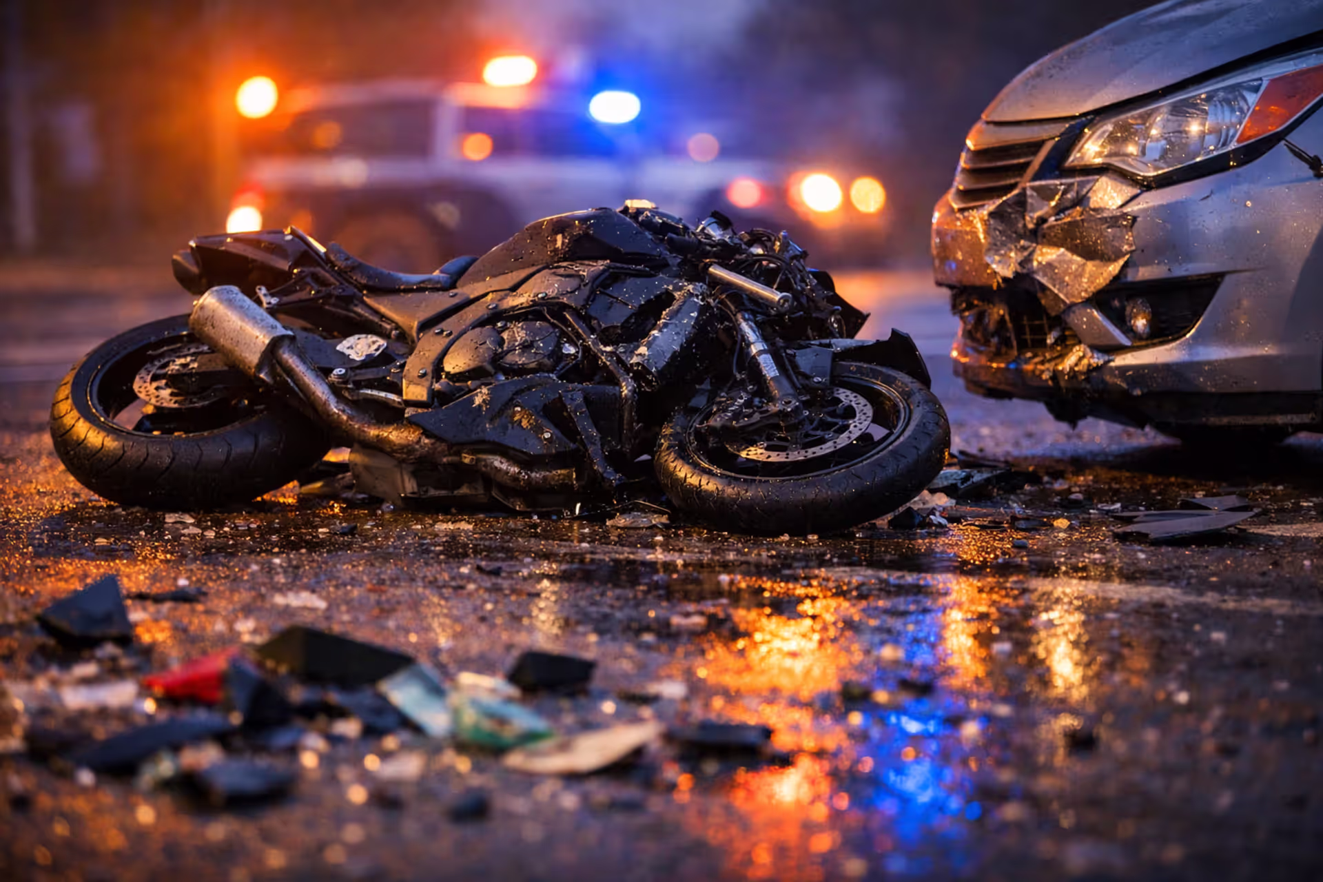 Damaged motorcycle lying on asphalt road after collision with a car, emergency lights reflecting on wet pavement