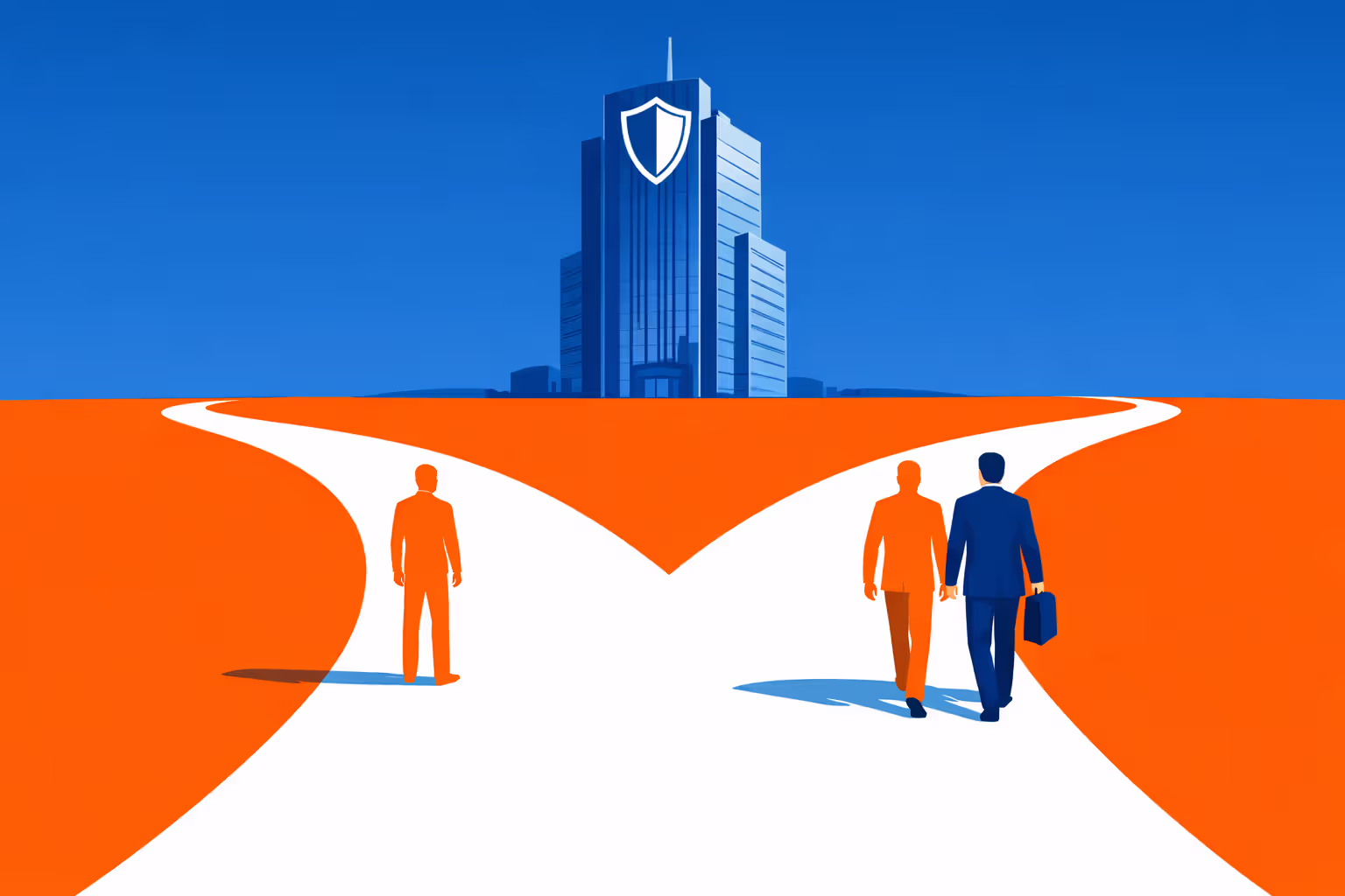 Conceptual illustration of two paths diverging: one showing a person alone facing a large insurance company building, the other showing a person walking confidently alongside an attorney toward the same building