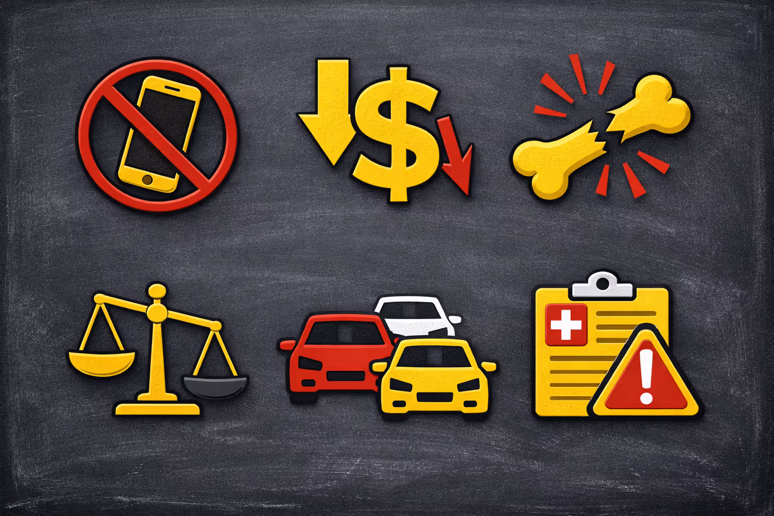 Infographic on a dark background showing six warning icons: ignored phone calls, lowball dollar offer, broken bone, unbalanced justice scales, multiple vehicles, and a medical record with exclamation mark representing red flags in motorcycle accident claims