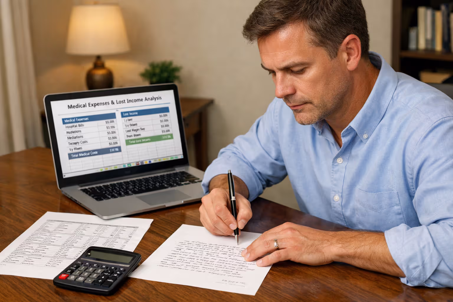 Person writing formal demand letter at home desk with calculator, laptop showing medical expense spreadsheet, and printed settlement documents