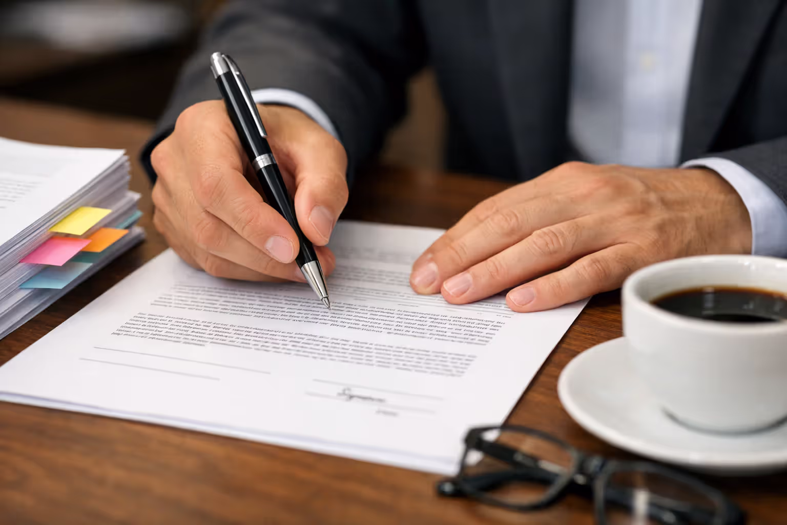Close-up of hands signing legal settlement document with pen, stack of flagged paperwork, coffee cup and glasses on desk in blurred background