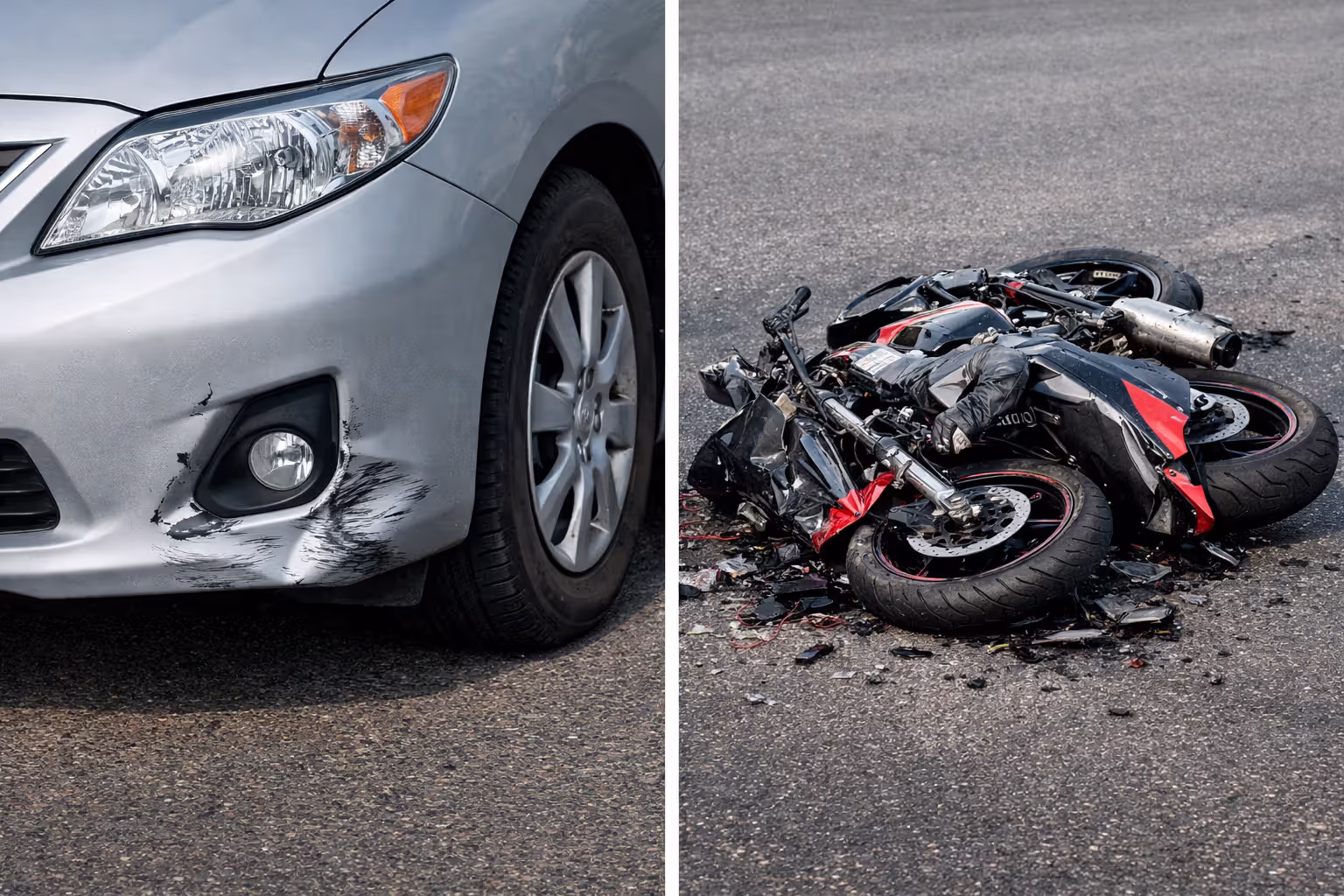 Side by side comparison of minor car fender damage versus severely wrecked motorcycle lying on asphalt road
