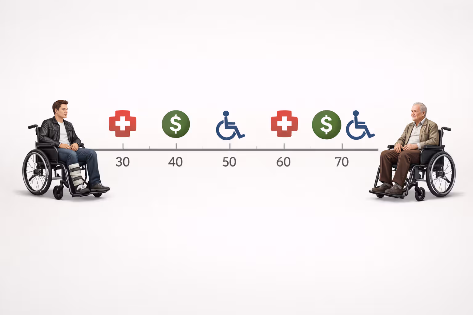 Timeline illustration showing injured motorcycle rider aging from 28 to 75 years with medical expense and payment milestone icons across decades