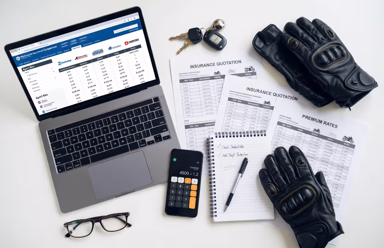 Top view of a table with several printed insurance quotes, a laptop with a comparison website, a smartphone calculator, a notepad, motorcycle gloves, and keys.